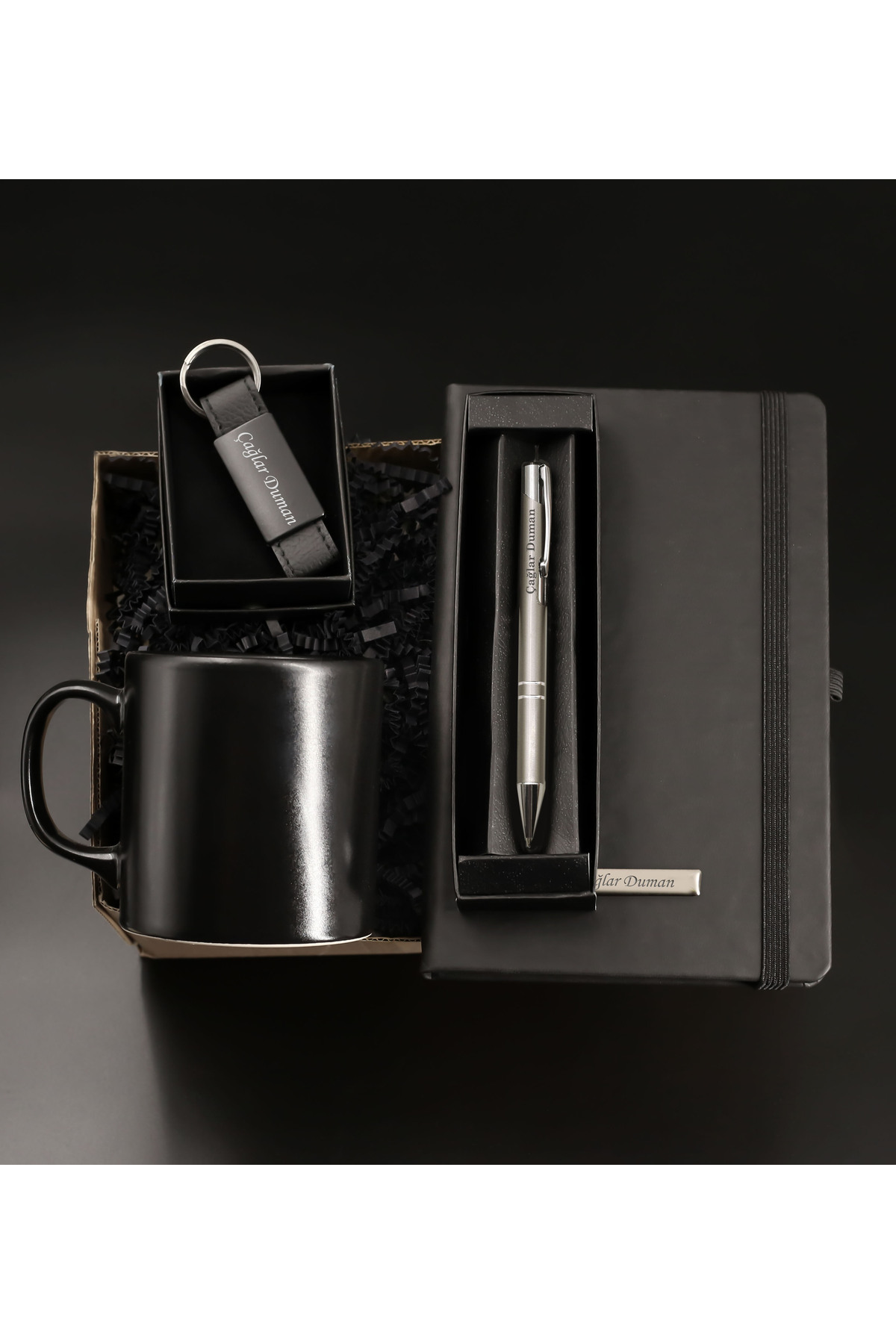 Personalized Black Notebook & Metal Ballpoint Pen & Keychain & Mug Cup Gift Set for Father's Day