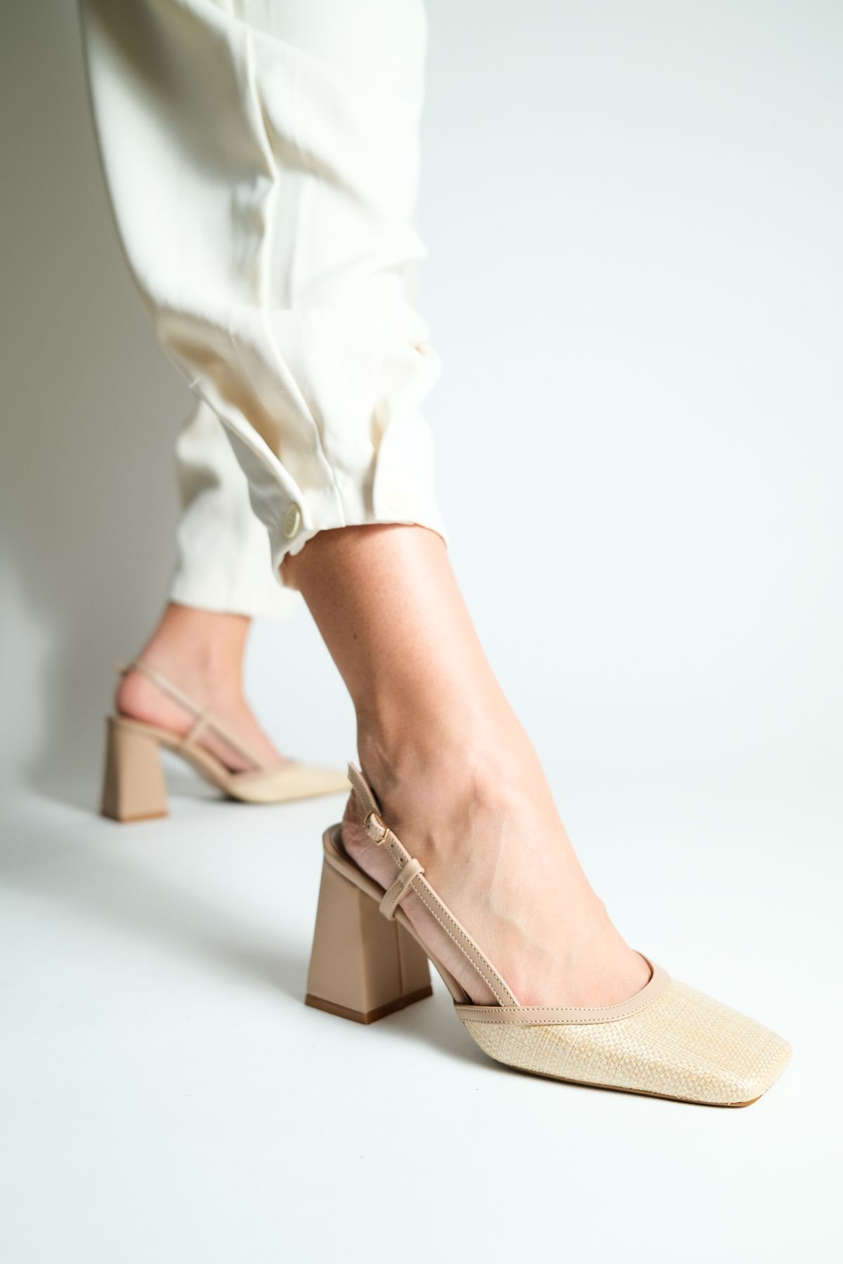 NACHA-Pascal Beige Straw Open Back Heeled Shoes 4