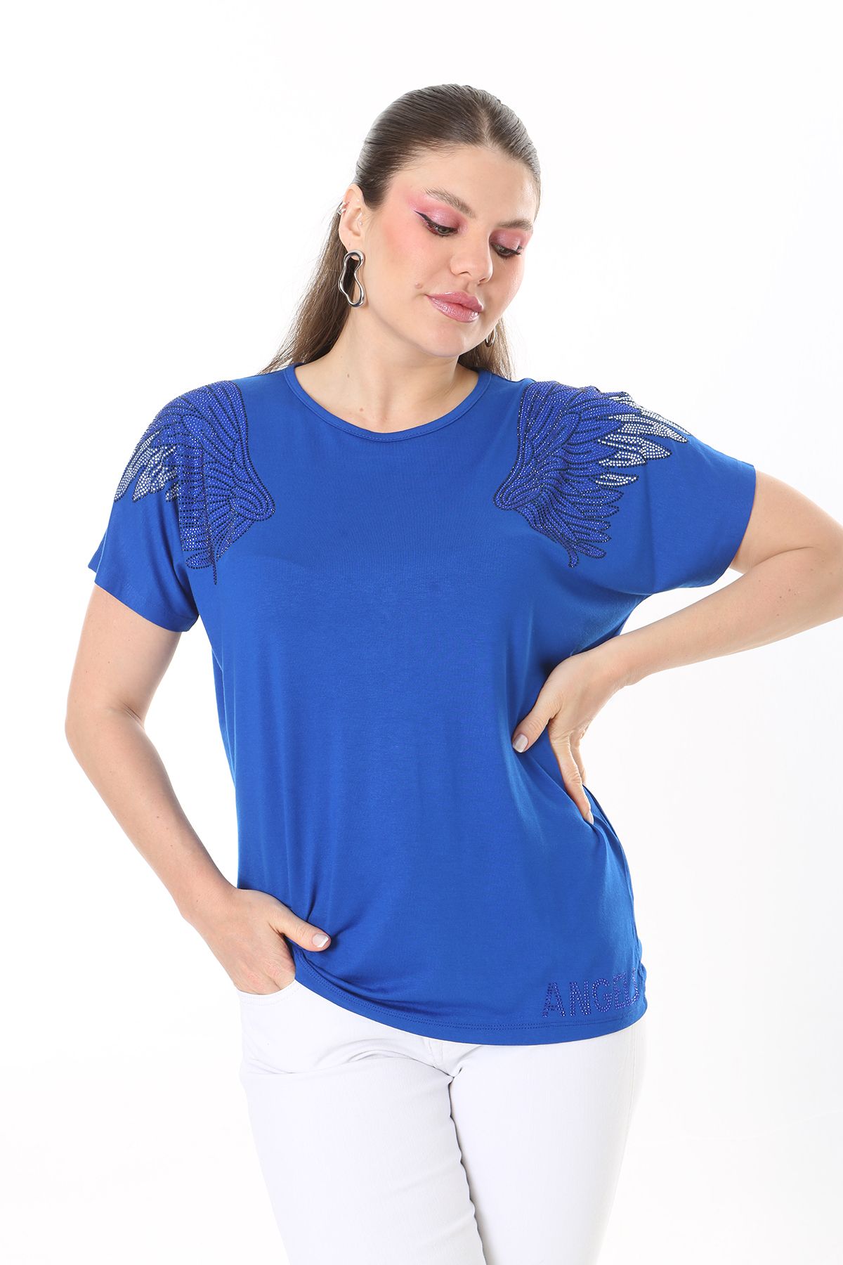 Şans-Women's Large Size Saks Angels Stone Detailed Short Sleeve Blouse 65N37675 7