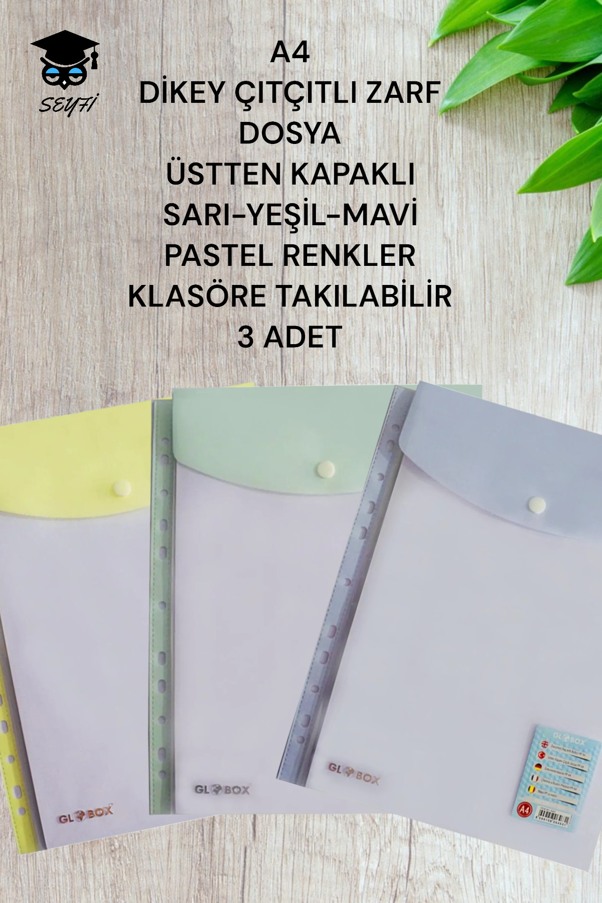 SEYFİKİRTASİYE A4 DİKEY ÇITÇITLI ZARF DOSYA ÜSTTEN KAPAKLI SARI-YEŞİL-MAVİ PASTEL RENK KLASÖRE TAKILABİLİR 3 ADET