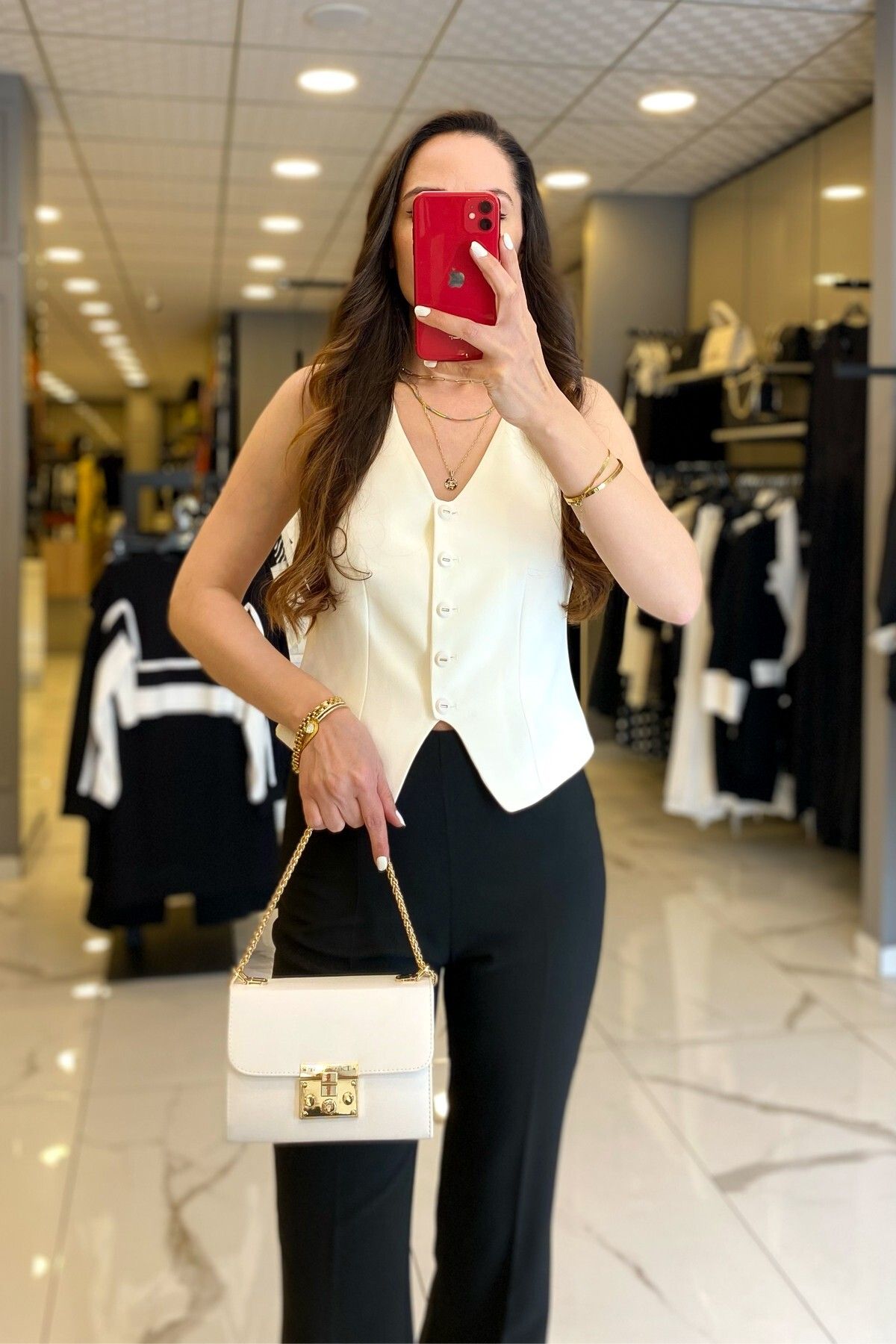 جلیقه زنانه لباس دکمه ای EKOL ECRU V NECK اورجینال Vosse