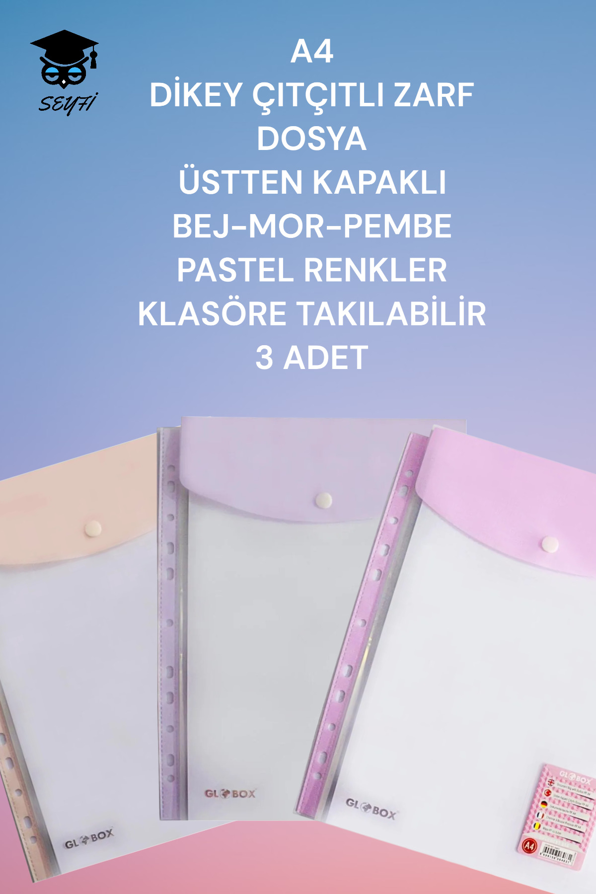 SEYFİKİRTASİYE A4 DİKEY ÇITÇITLI ZARF DOSYA ÜSTTEN KAPAKLI BEJ-MOR-PEMBE PASTEL RENKLER KLASÖRE TAKILABİLİR 3 ADET