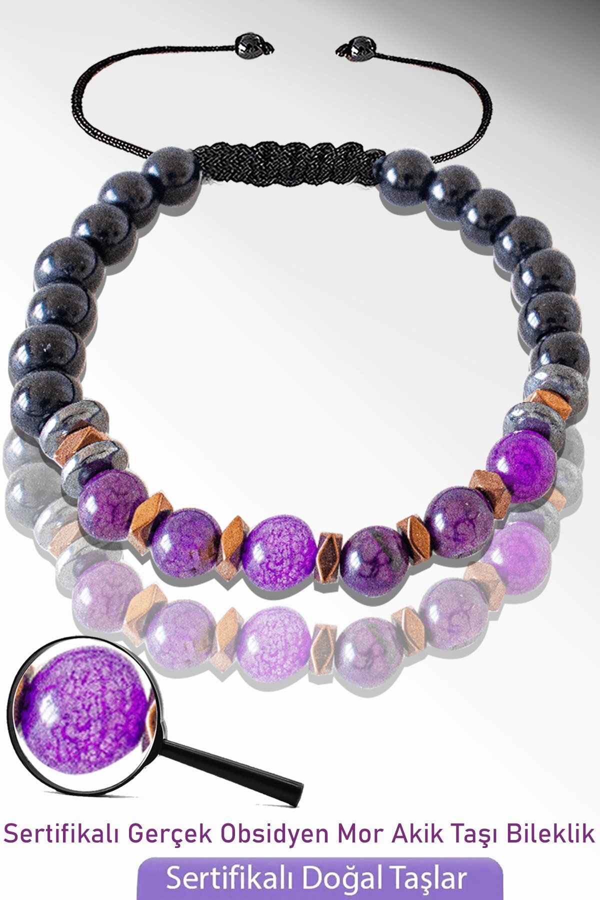 Tesbih Atölyesi-Certified Natural Obsidian - Purple Agate Stone Bracelet - Adjustable 1