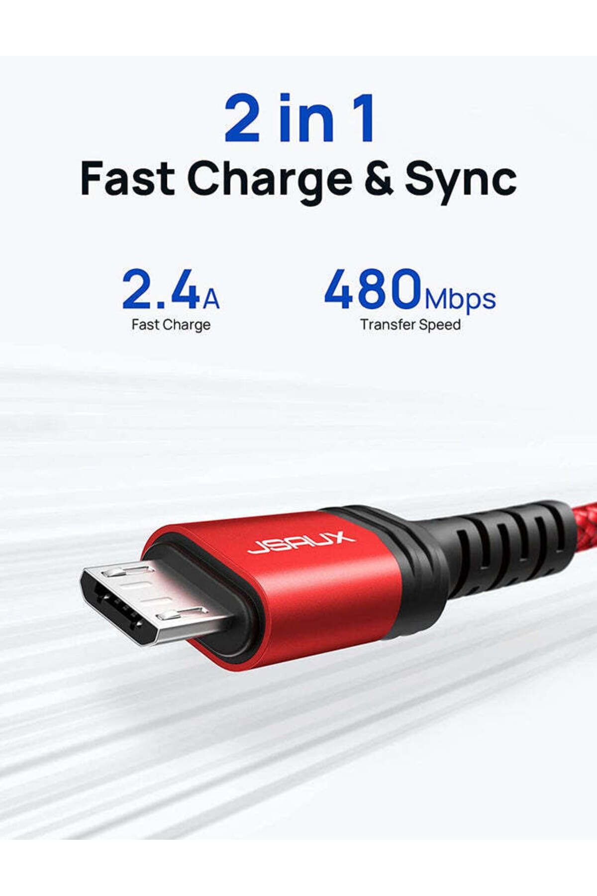 jsaux-Micro USB 2.4a Fast Charging and Data Cable, Android Charger USB Braided Cable Red 2 Meters 5