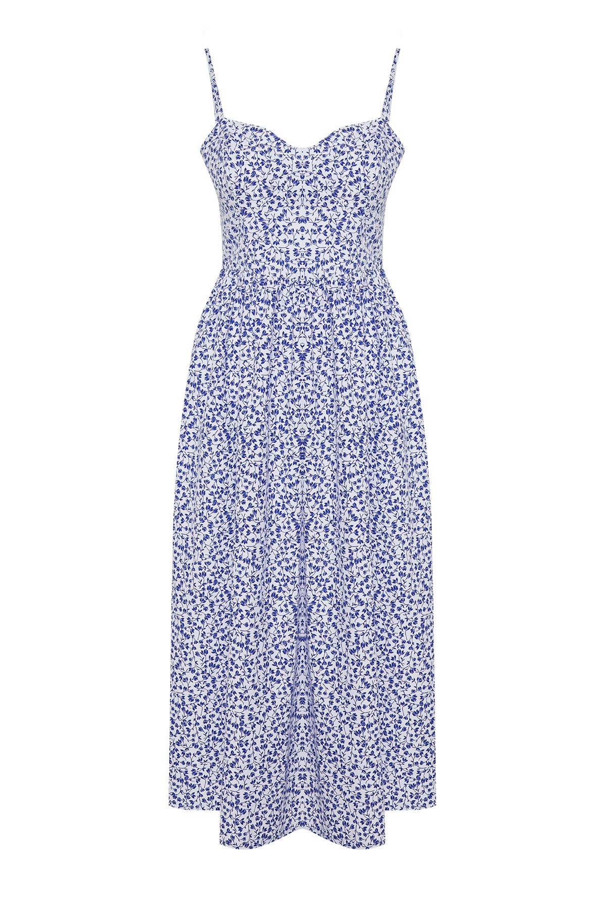 Trendyol Collection-Rochie maxi țesătă din popelin, cu decolteu în formă de inimă, cu imprimeu floral albastru TWOSS24EL00700 7