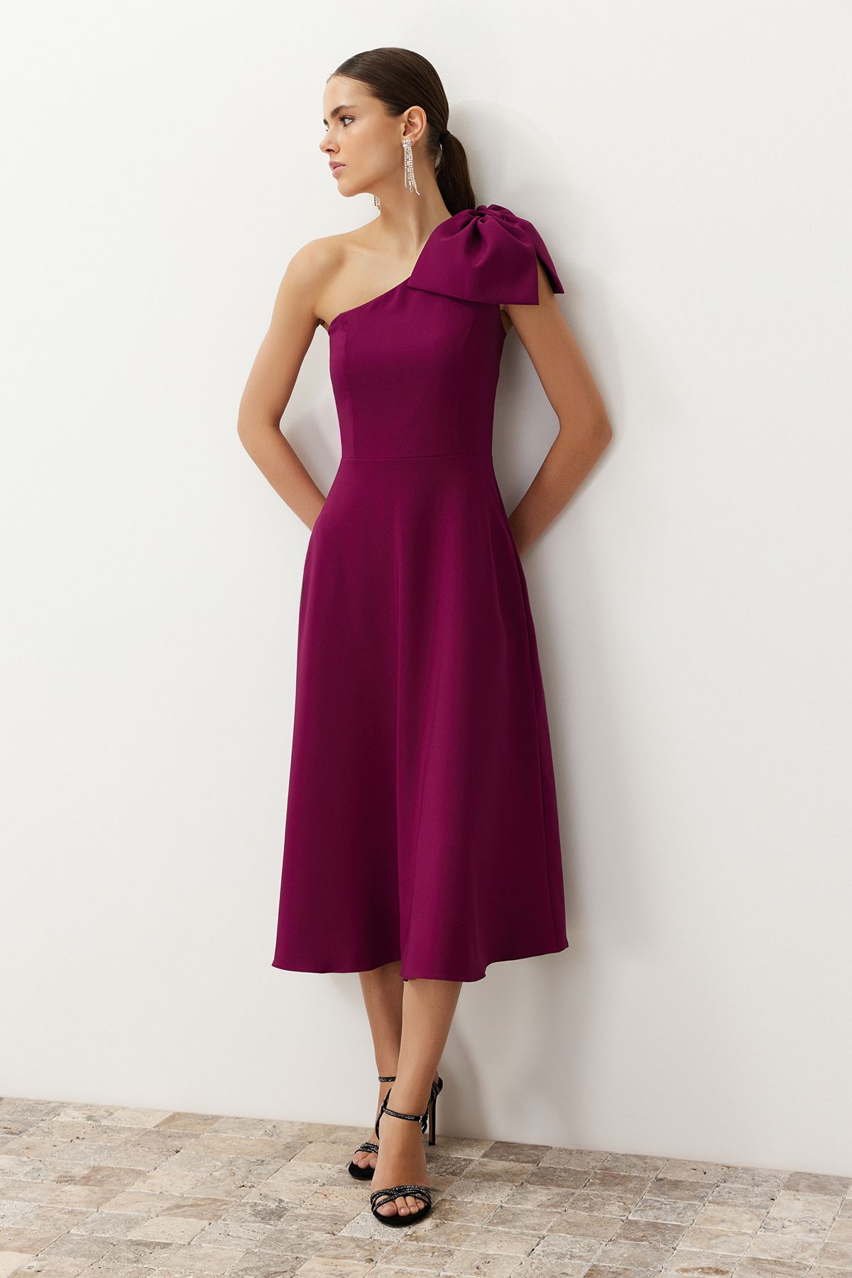 Trendyol Collection-Κομψό υφαντό βραδινό φόρεμα - Plum A-Cut, Λεπτομέρεια φιόγκου TPRSS24EL00105 3