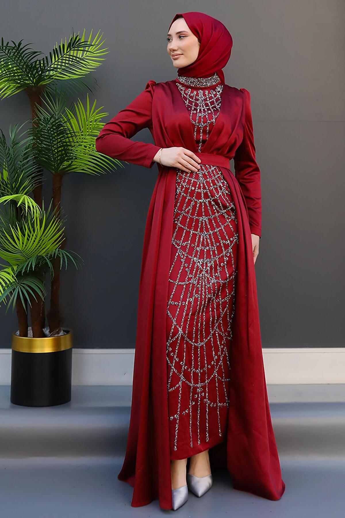 Embroidered Cloaked Evening Dress Claret Red