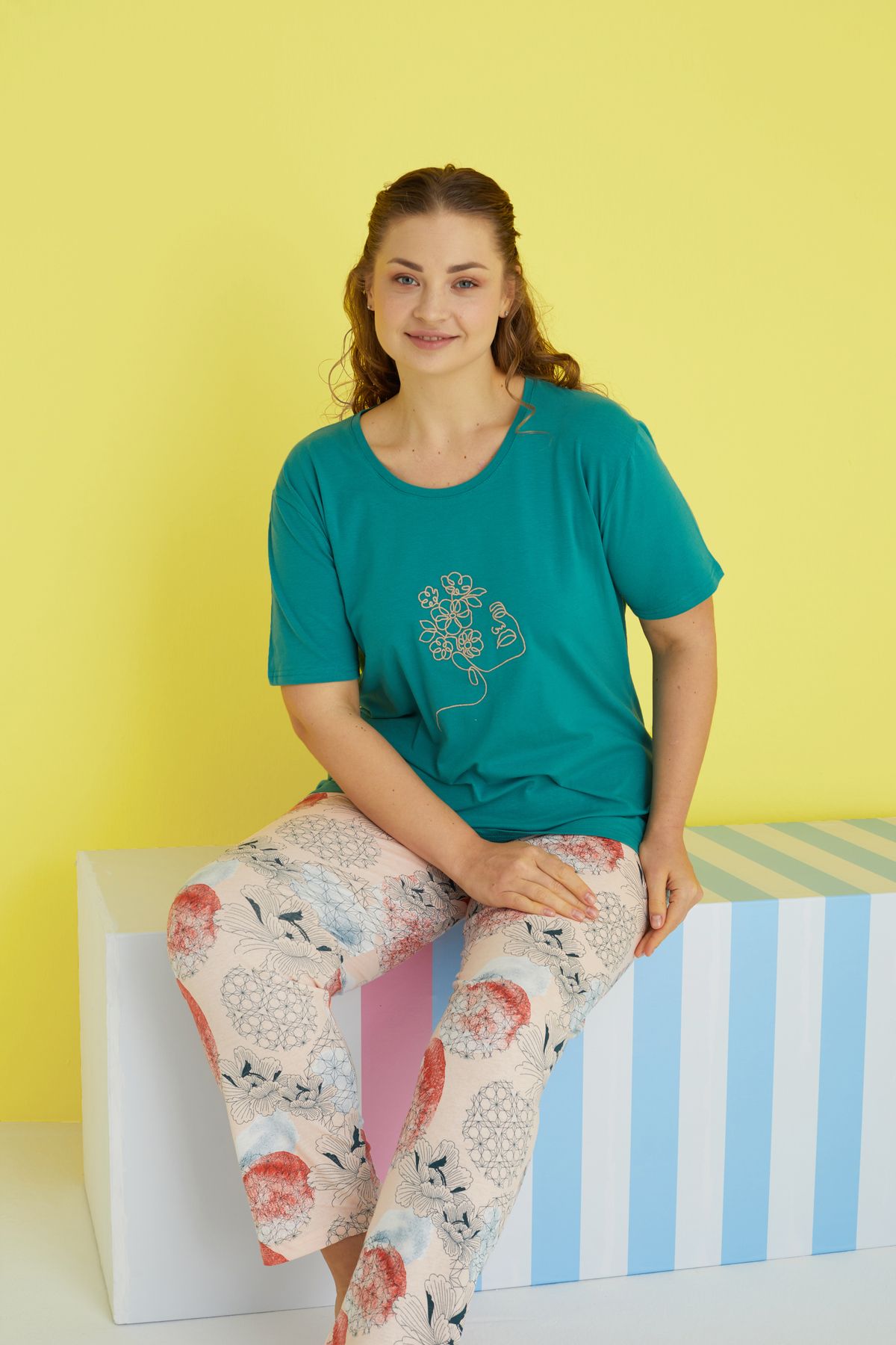 Siyah İnci-multicolor Curve Plus Size Oversize Knitted Pajamas Set 1
