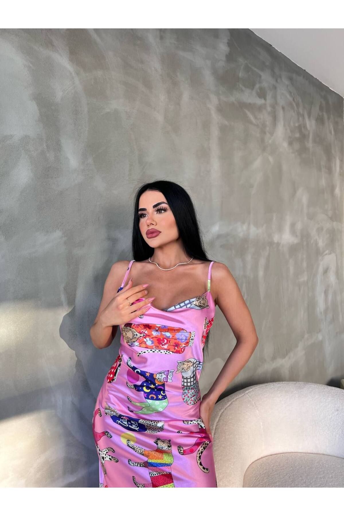 bymaestro woman-Rochie din satin, cu model de animale, cu bretele ajustabile, guler Degaje 2