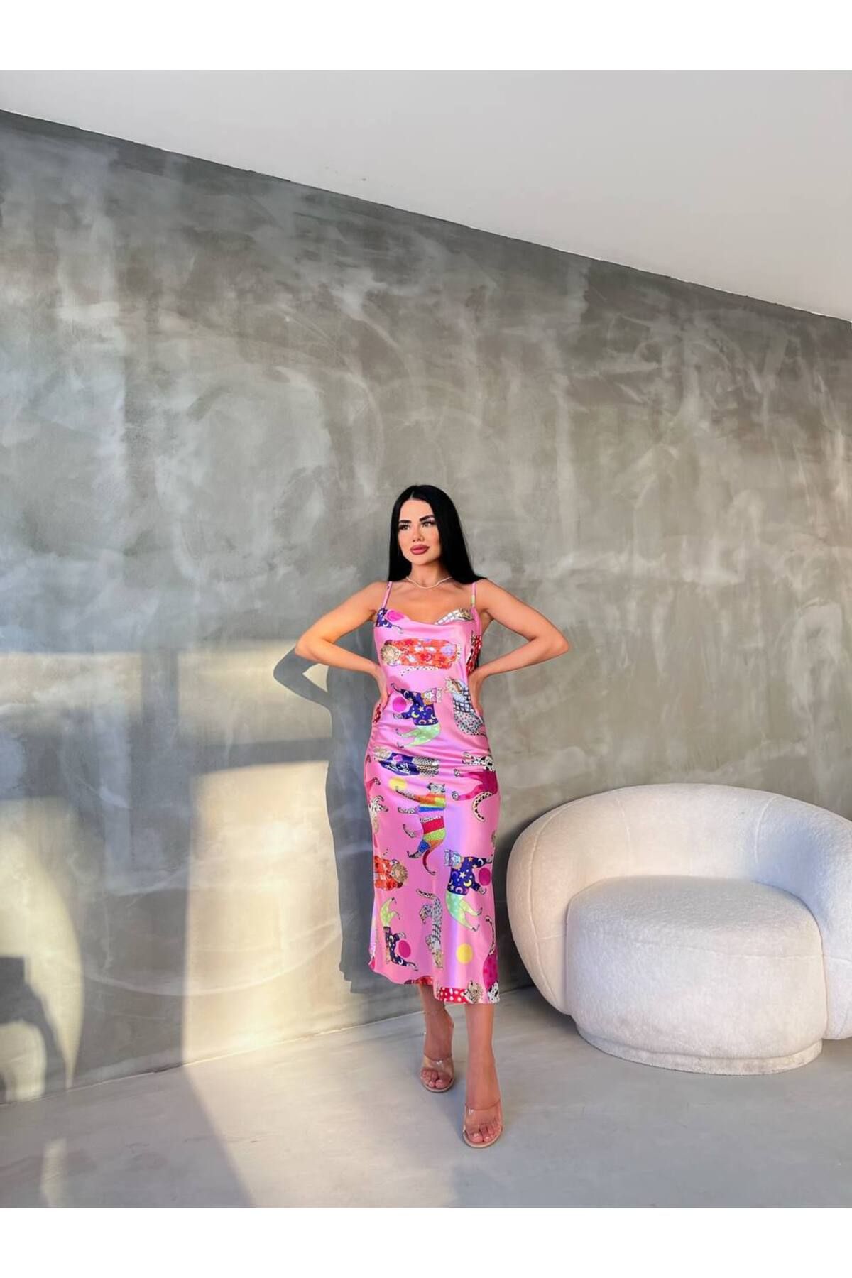 bymaestro woman-Rochie din satin, cu model de animale, cu bretele ajustabile, guler Degaje 5