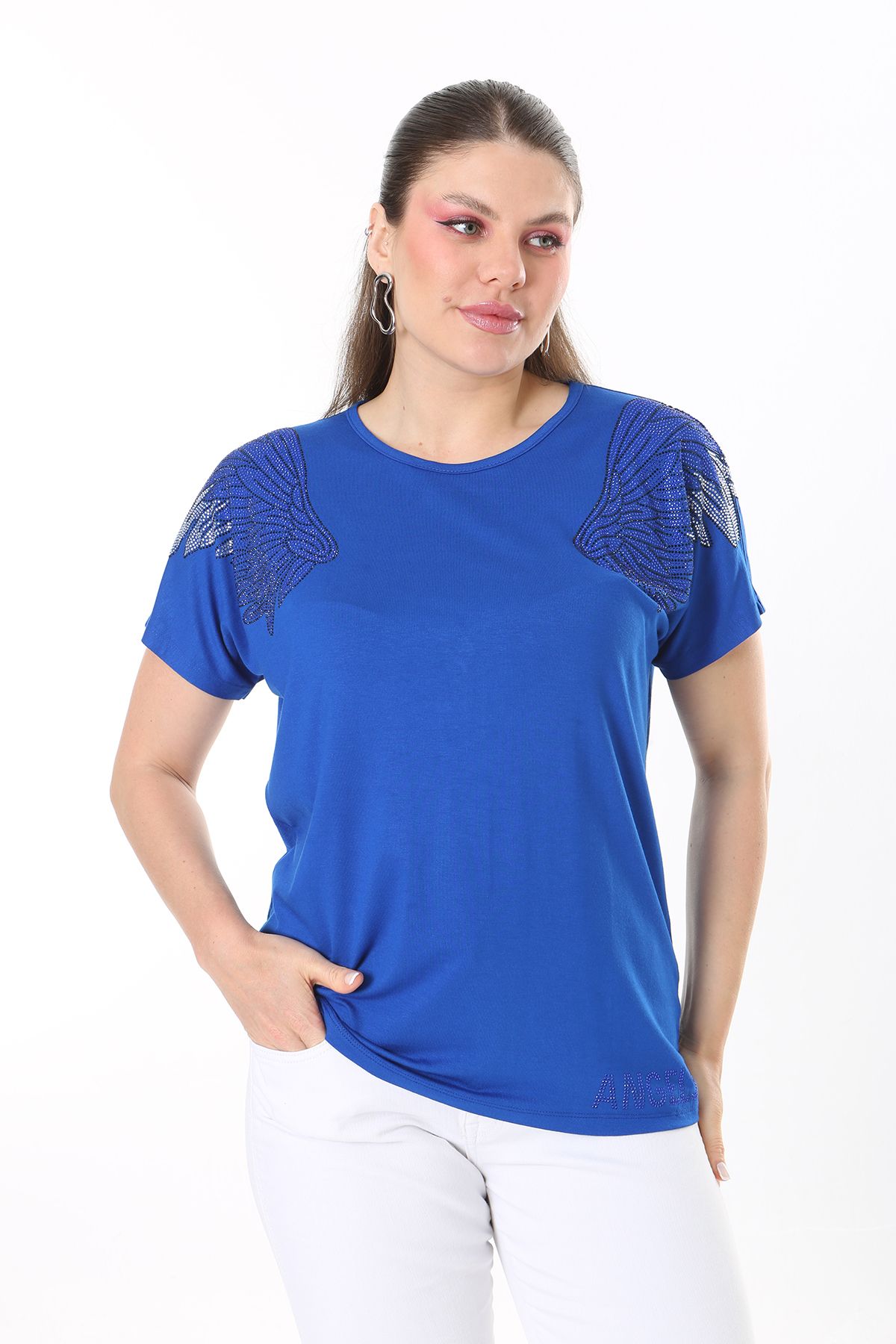 Şans-Women's Large Size Saks Angels Stone Detailed Short Sleeve Blouse 65N37675 6