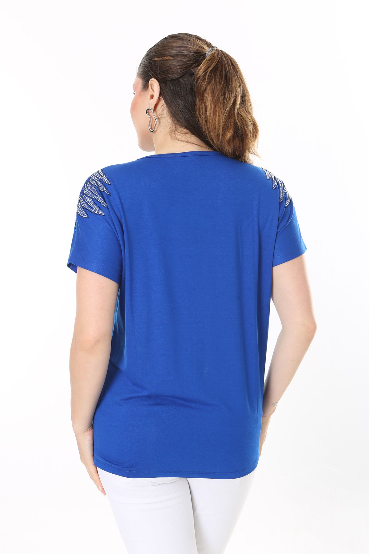 Şans-Women's Large Size Saks Angels Stone Detailed Short Sleeve Blouse 65N37675 3