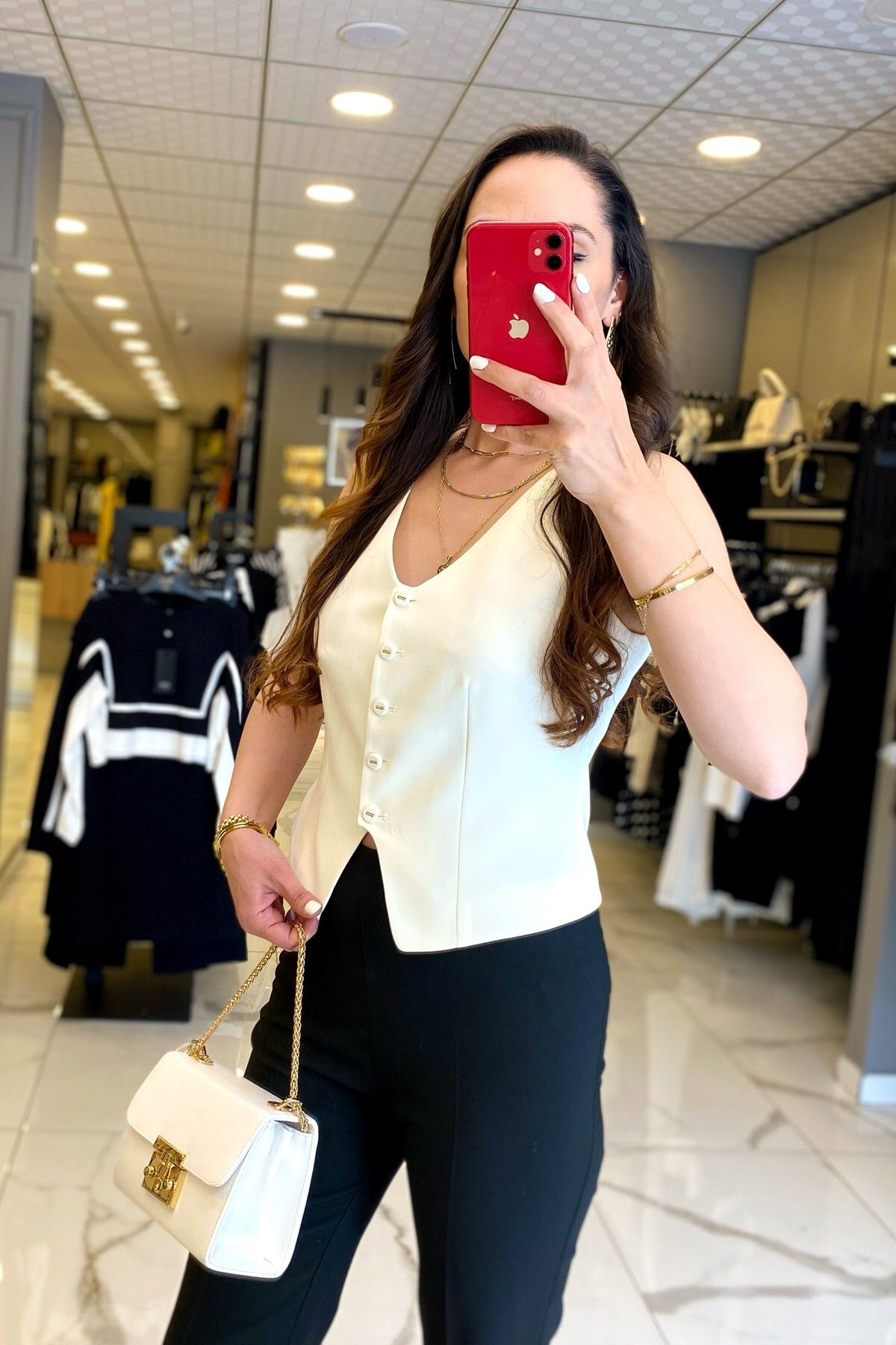 جلیقه زنانه لباس دکمه ای EKOL ECRU V NECK اورجینال Vosse