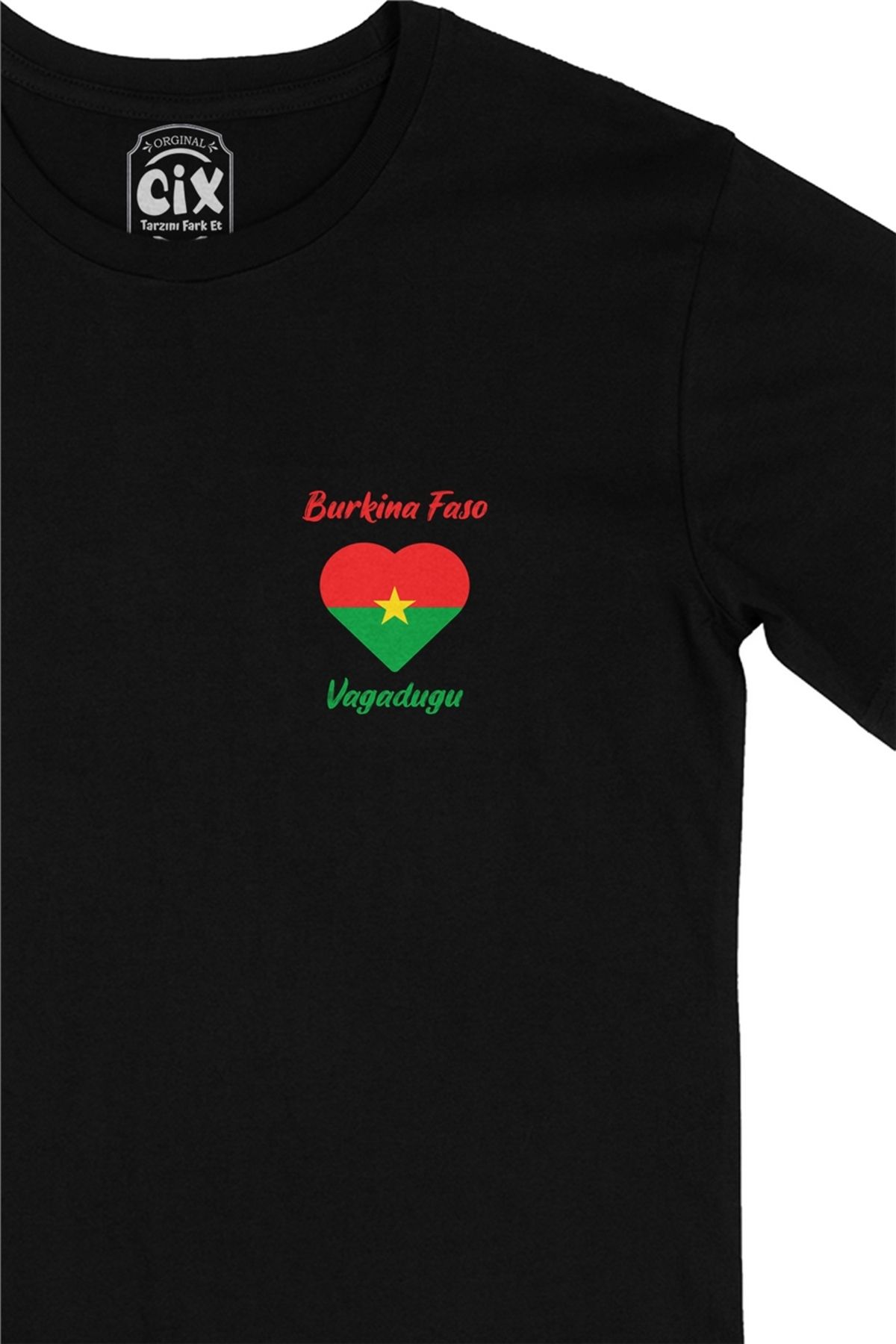 Cix-Vagadugu Burkina Faso Flag Black T-Shirt with Heart Pocket Logo Design 2