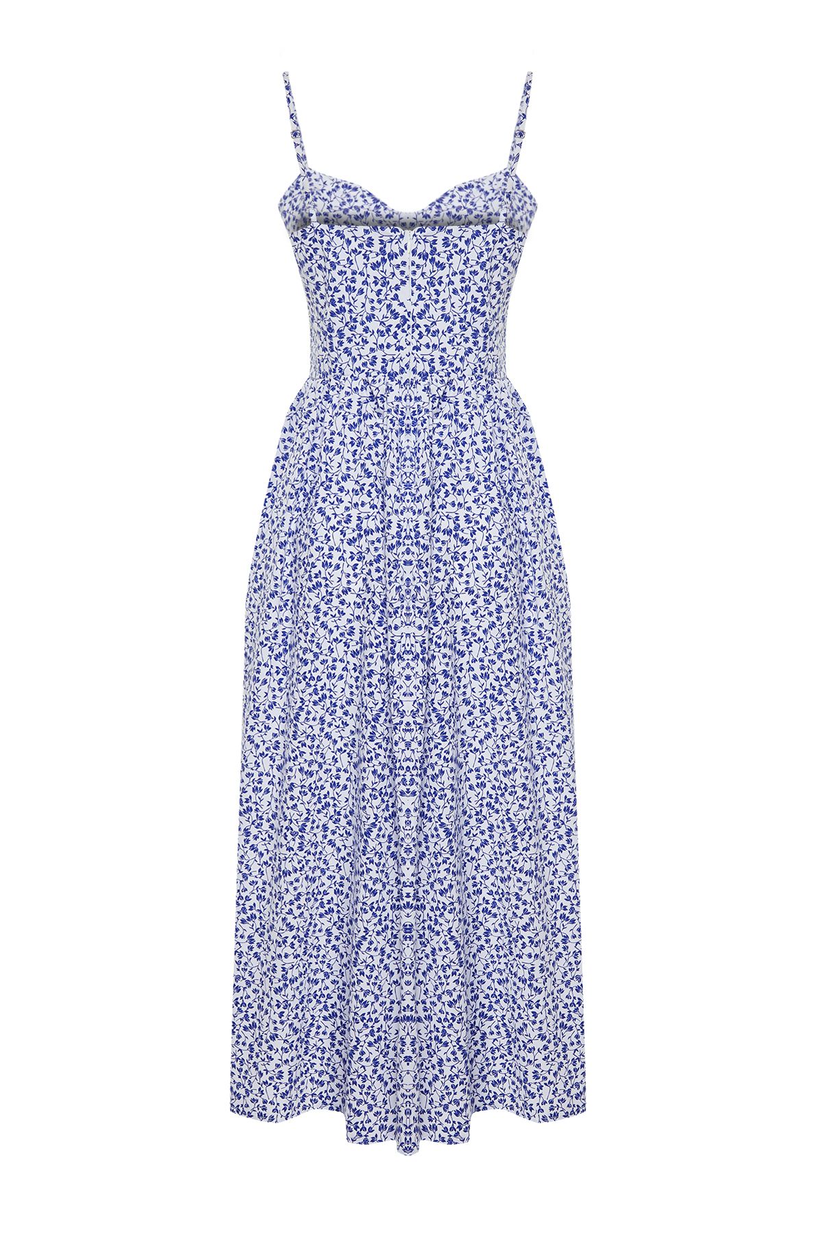 Trendyol Collection-Rochie maxi țesătă din popelin, cu decolteu în formă de inimă, cu imprimeu floral albastru TWOSS24EL00700 8