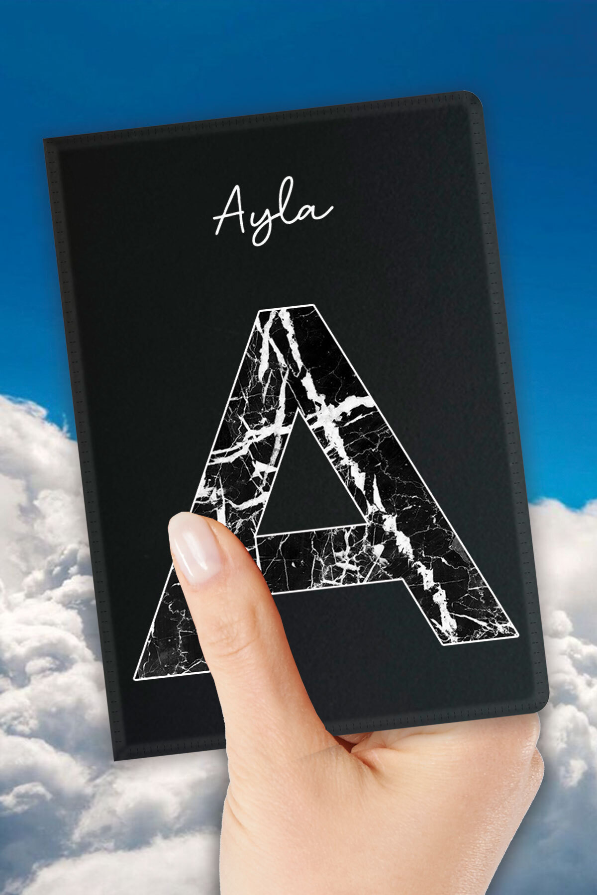 senada İsim Yazılı Pasaport Kılıfı Desenli Pasaport Kabı Kişiye Özel - A Harfi Mermer