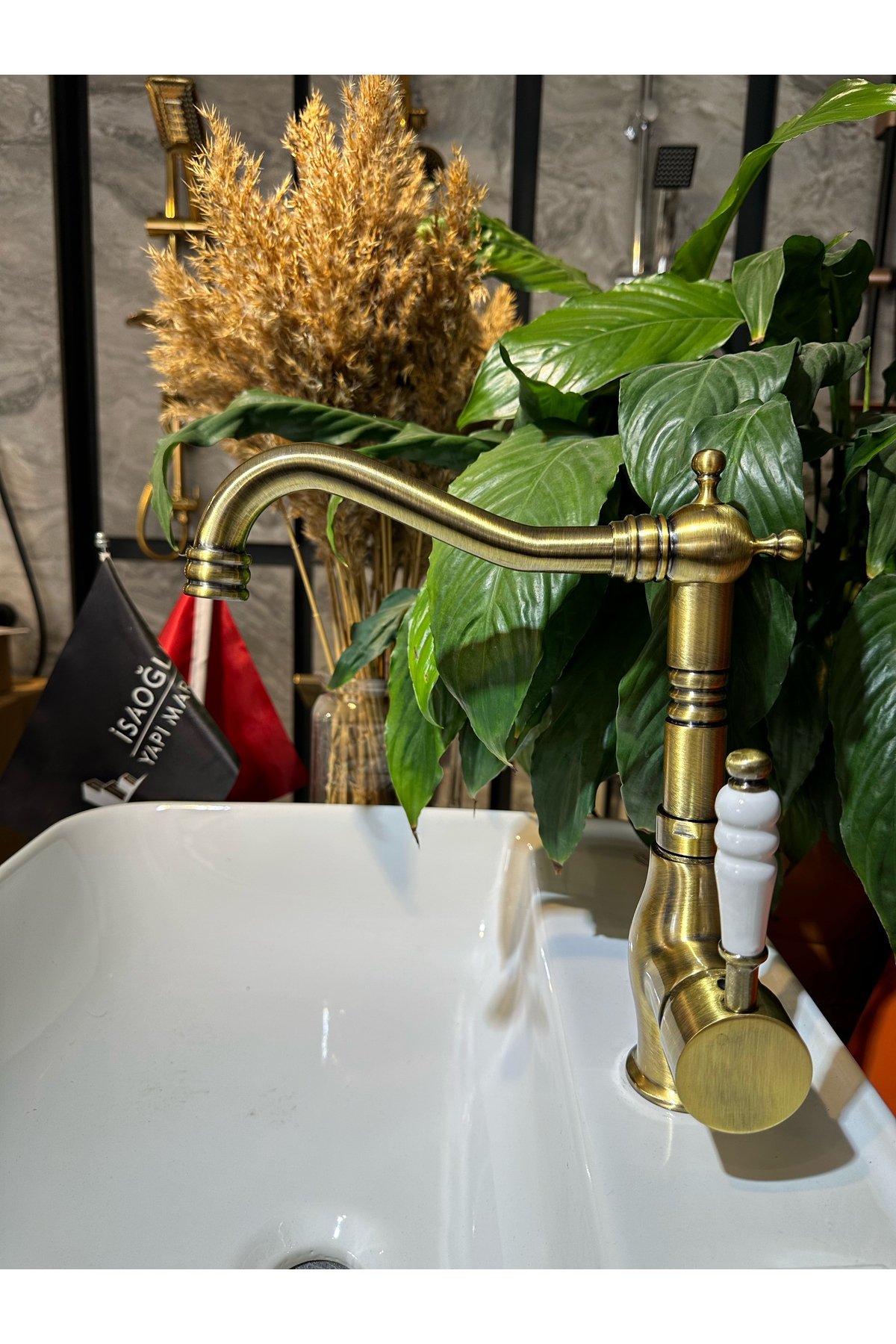 İSAOĞLU YAPI Antik Gold Lavabo Bataryası Zen Design Kolay Abdest Yüksek Lavabo Musluğu Mat Antik