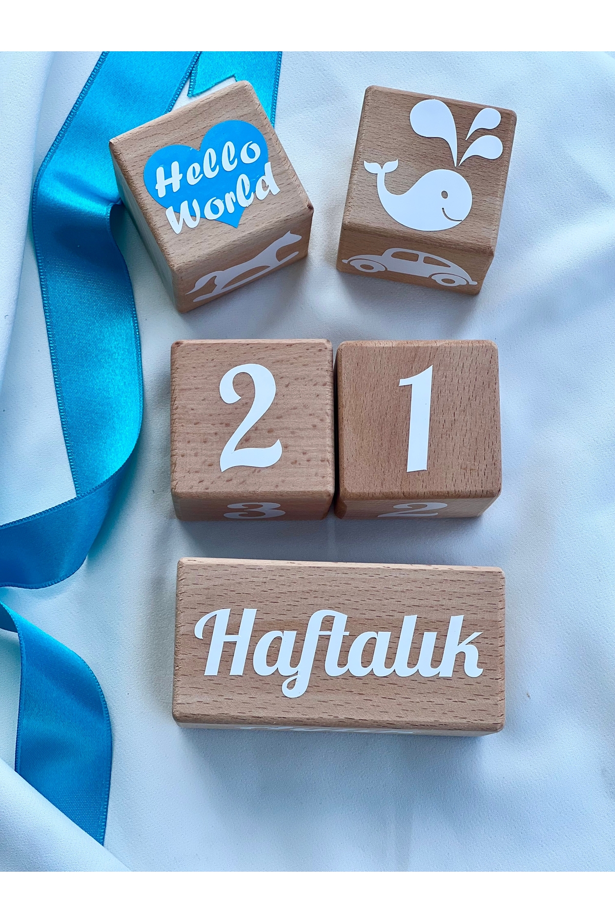 Mavi kalpli anne bebek anı küpü seti ahşap dekor 5 parça