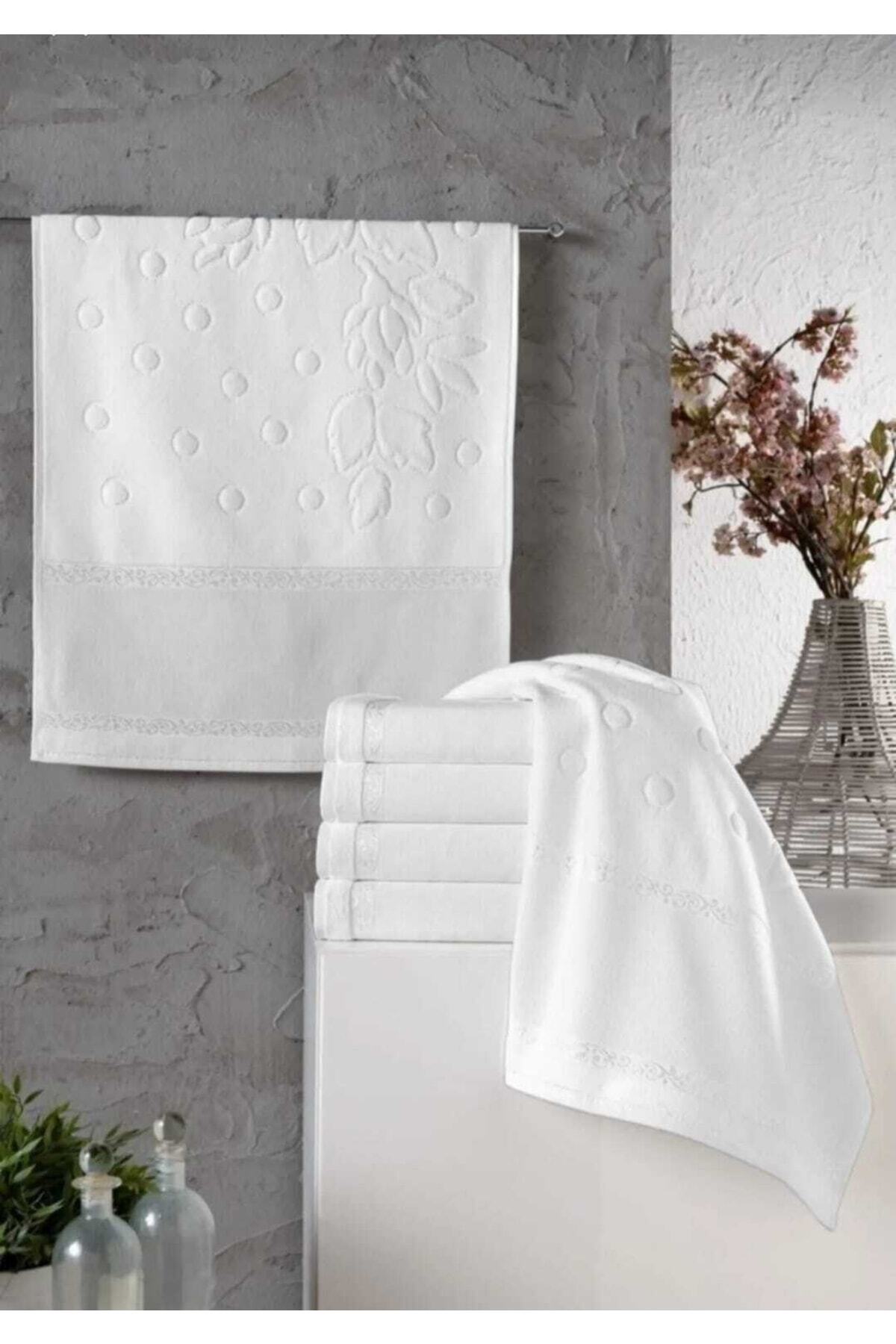 Fiesta Brand Dowry Ethamine Embroidered Hand Face Towel Set 6 Pieces White Color Cotton 50x 90 Cm