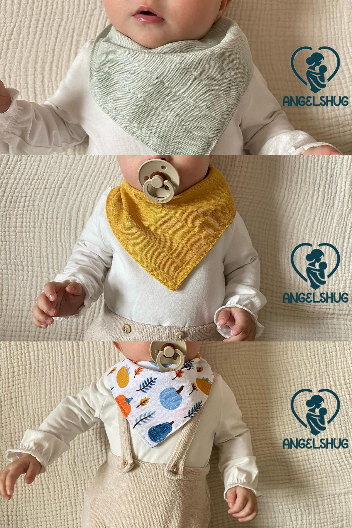 AngelsHug 12 Adet %100 Organik Müslin Çift Katlı Bebek Fuları Yakalık Mama Ve Salya Önlüğü fotoğrafı 5 (önizleme)