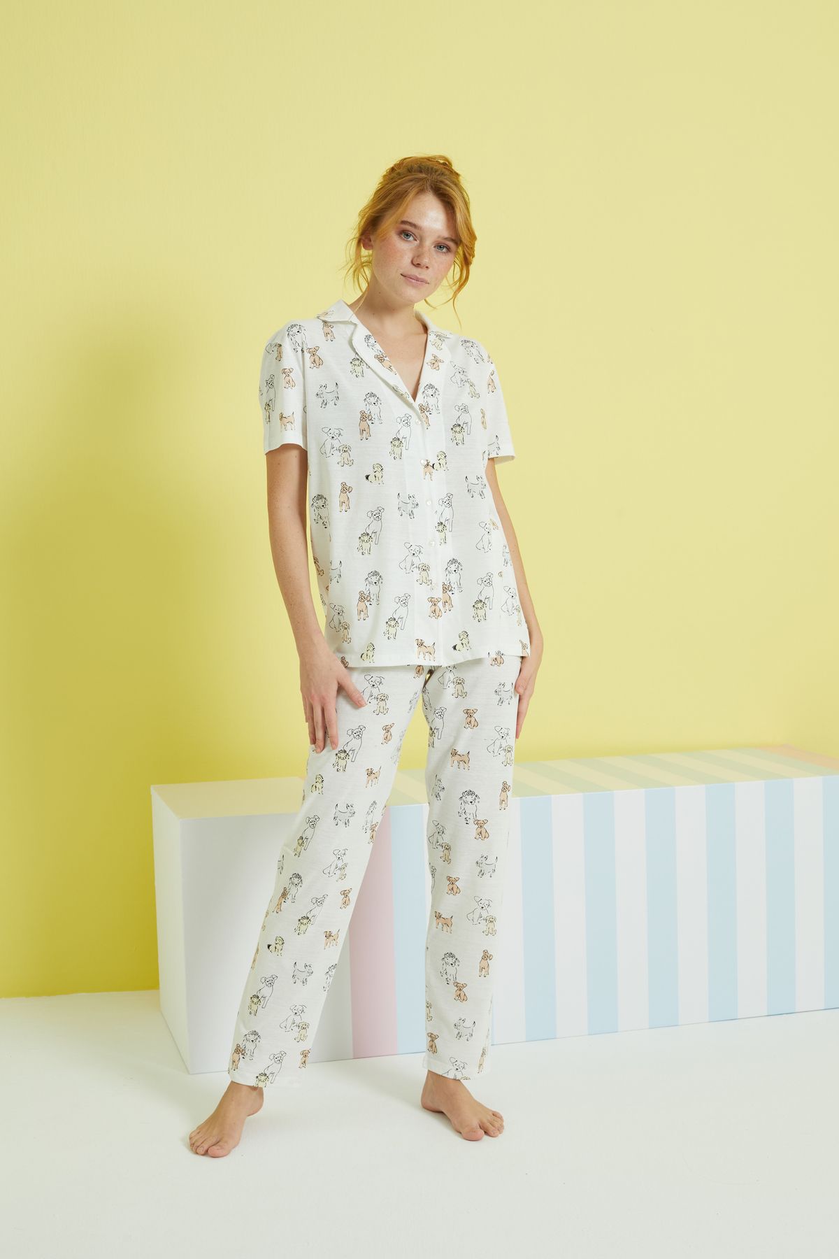 Siyah İnci-Ecru Multicolor Knitted Buttoned Pajama Set 2