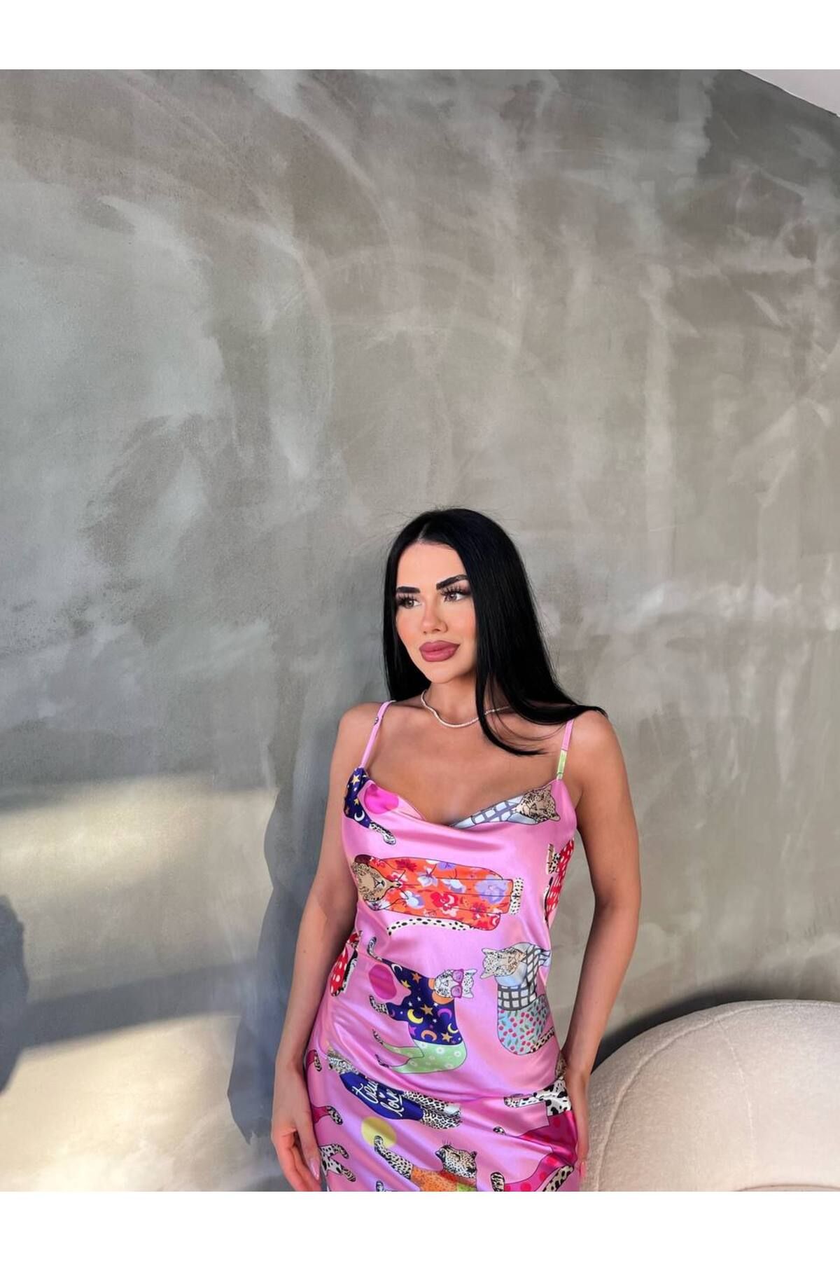 bymaestro woman-Rochie din satin, cu model de animale, cu bretele ajustabile, guler Degaje 3