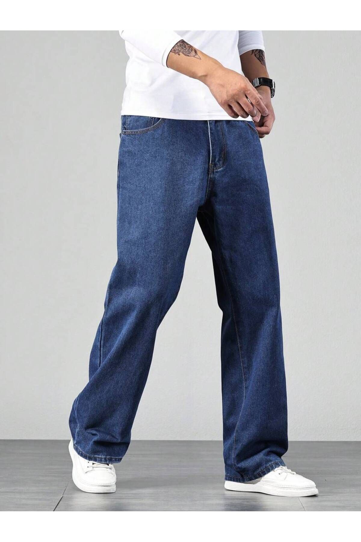 carwin-Men's Baggy Jeans Dark Blue Brown Tint Denim Jeans 3