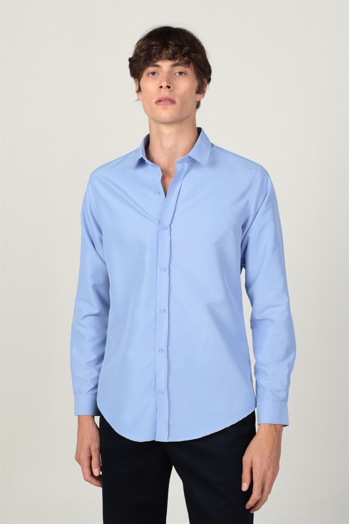 Slim Fit Kolay Ütü Teri Emen Nefes Alan Doku Kravatlık Dört Mevsim Mavi Erkek Gömlek - Tudors