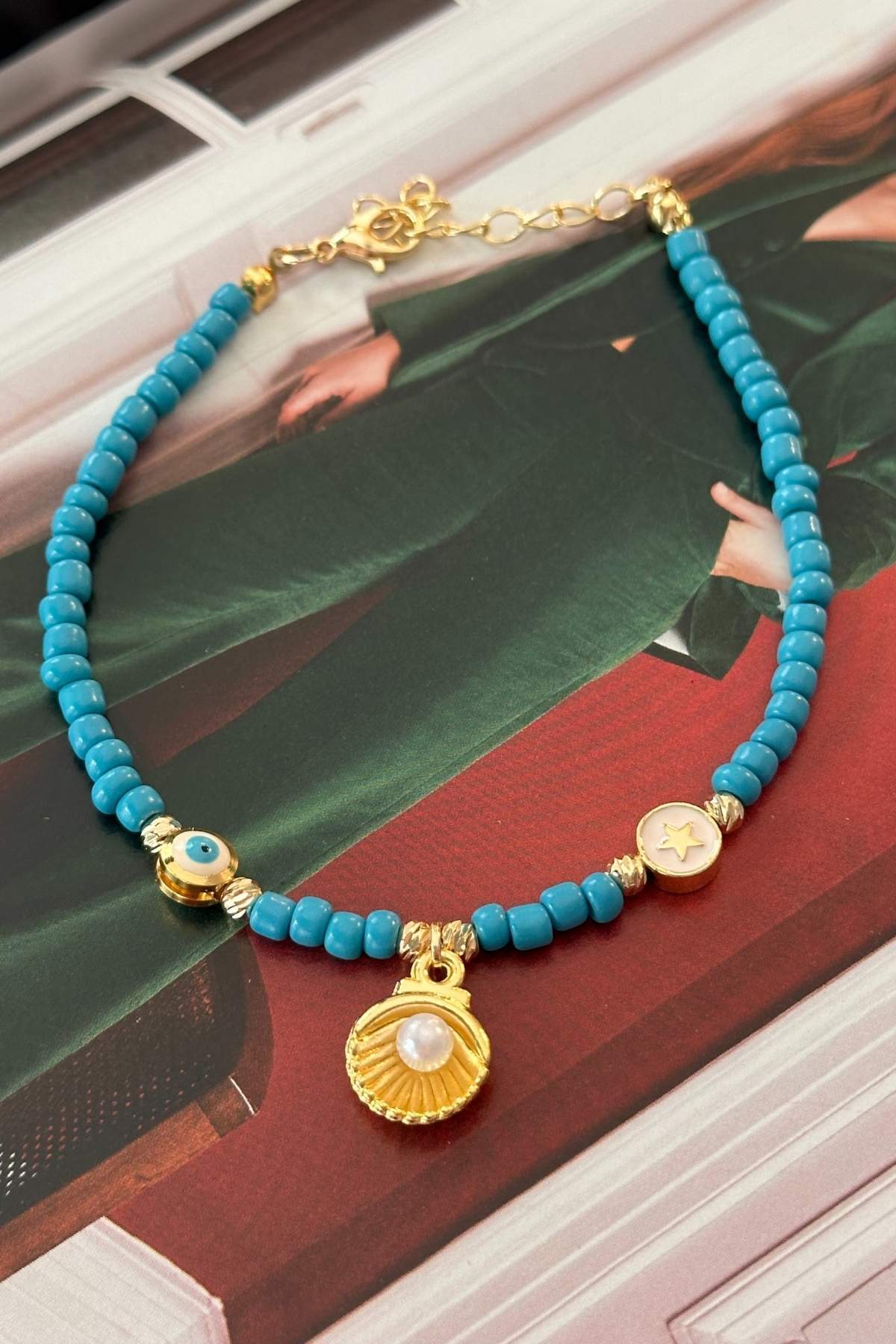 Trendy Butik Turkuaz Boncuklu Yıldız, Inci Midye Ve Nazar Aparatlı Halhal