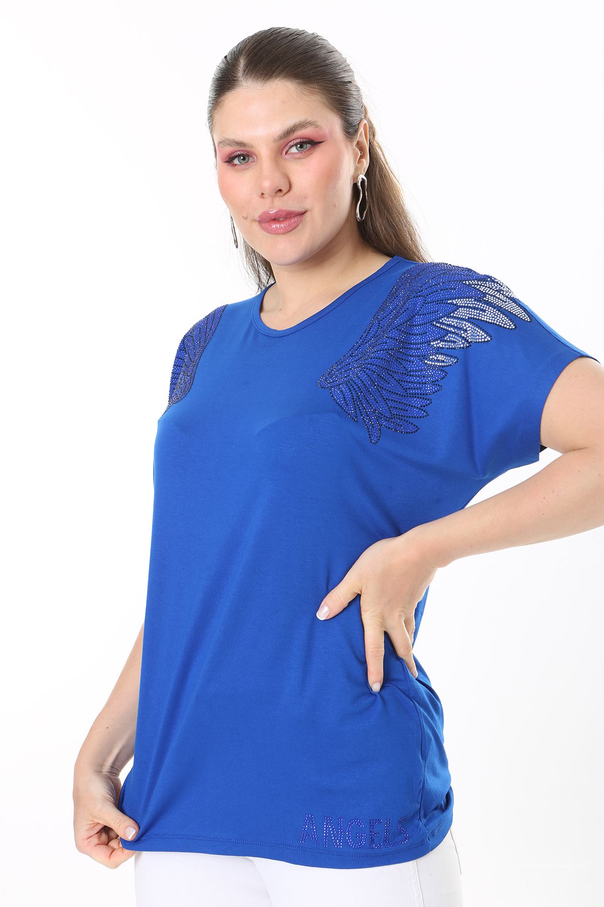 Şans-Women's Large Size Saks Angels Stone Detailed Short Sleeve Blouse 65N37675 1