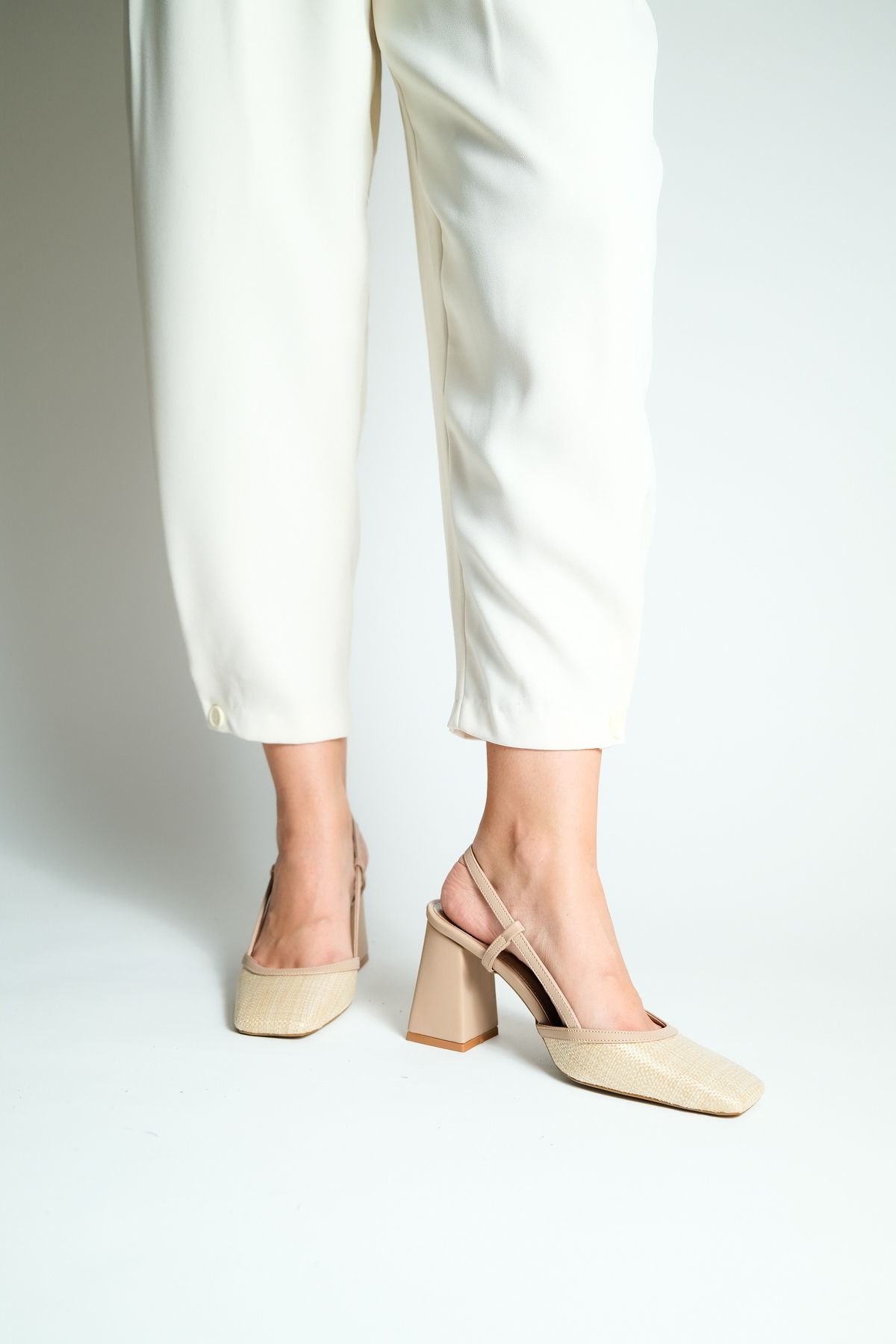 NACHA-Pascal Beige Straw Open Back Heeled Shoes 2