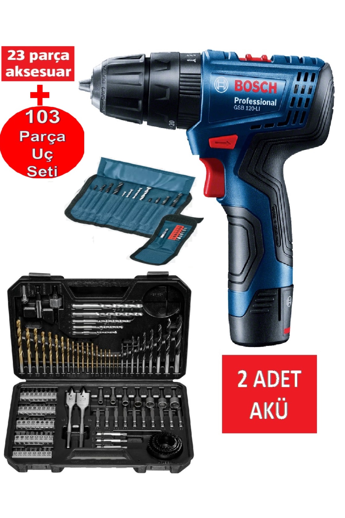 Bosch Şarjlı Matkap Darbeli Matkap Çift Akülü Vidalama + Bosch 126 Parça Matkap Ucu Vidalama Ucu