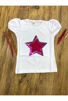 Kız Çocuk Beyaz Yıldız Nakışlı Pullu T-Shirt 469005