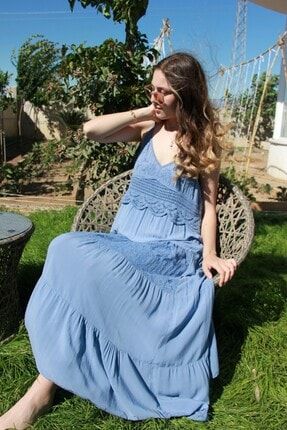 Kadın Mavi Nakışlı Naturel Uzun Elbise 1199880