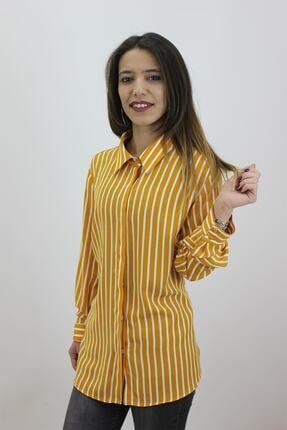 Kadın Sarı Çizgili Gömlek Fistan Bayan Gömlek KLP-Y20GO703