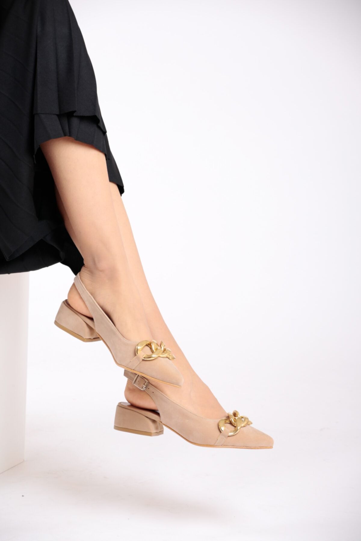 FORS SHOES-Women's Beige Suede Chain Buckle Open Back Heeled Shoes 3.5 Cm 4