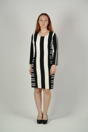 Siyah Beyaz Çizgili Kalem Elbise KDMT0044