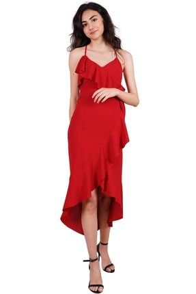 Kırmızı Ip Askılı Fırfırlı Abiye Elbise P-0000005572-KIRMIZI