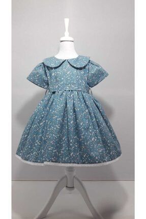 Kız Çocuk Mavi Çiçekli Dantelli Elbise EDK45