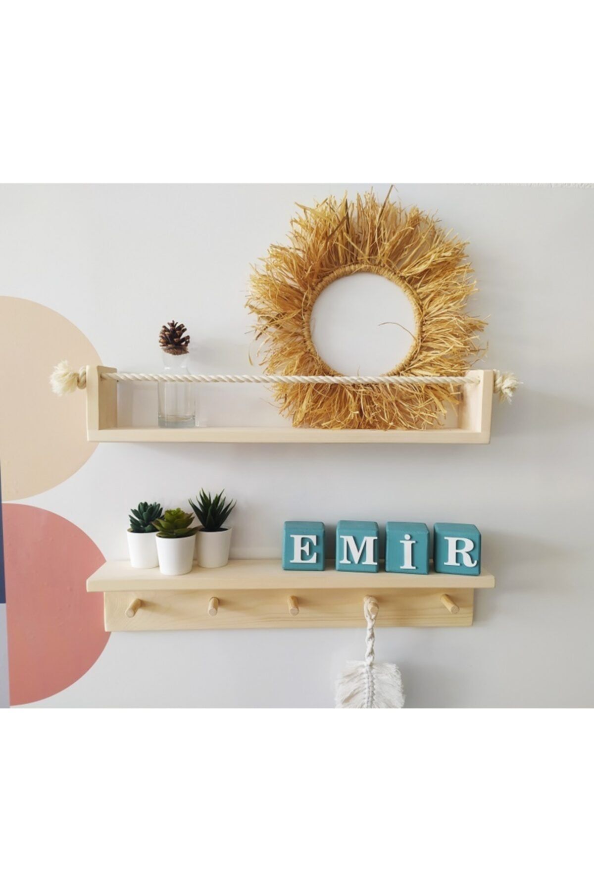 Ahşap Halatlı Kıtaplık Raf& Askılı Raf 60cm