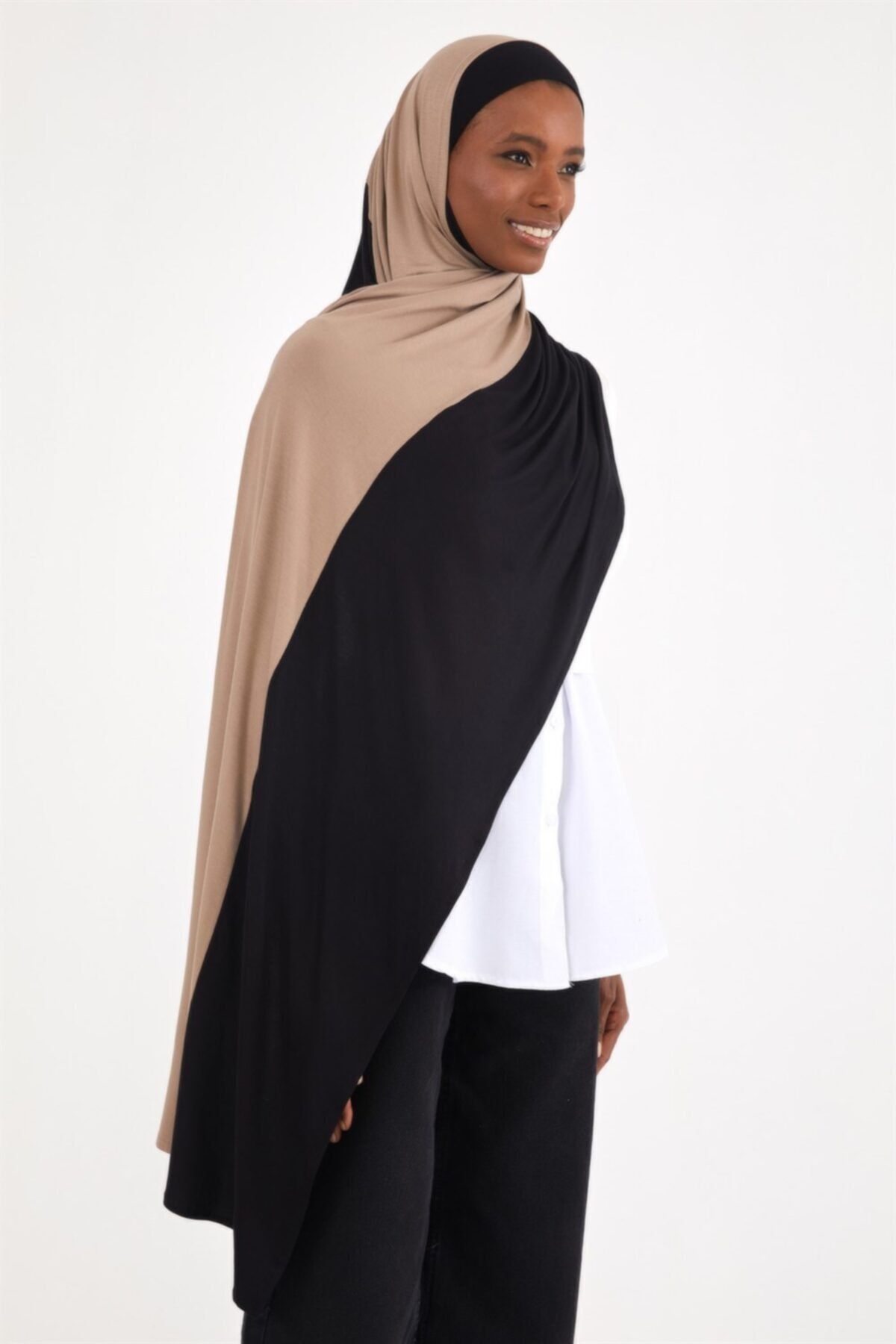 Differenza-Black and Mink Colored Combed Cotton Shawl 4