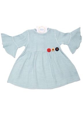 Kız Bebek Mavi Çiçek Detaylı Müslin Yazlık Elbise MB-00695