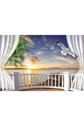 3 Boyutlu Deniz Manzaralı Balkon Desenli Duvar Kağıdı DC1751374457