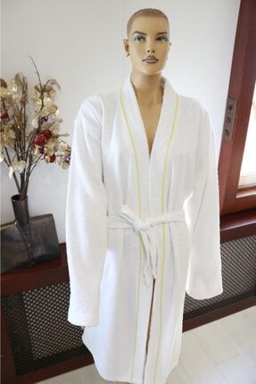 Mayer Bukle Kimono Model Bornoz Ev Otel Banyo Bornozu-Beyaz-Sarı Biye Biyeli Mayer Kimono Bornoz