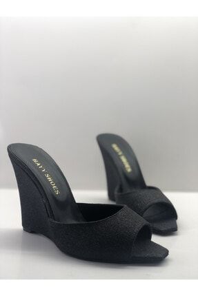 Stiletto-feta Siyah Kum Simli Topuklu Ayakkabı 019K-02
