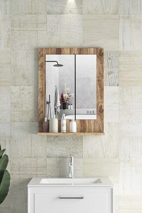 Verona 45x60cm Ceviz Raflı Banyo Aynası Dresuar Hol Koridor Duvar Salon Wc Ofis Yatak Odası Boy Ayna LORENA-45X60-RAFLI-BANYO-AYNA