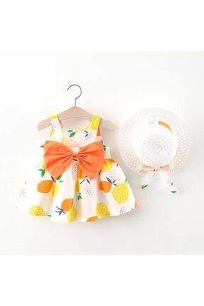 Kız Çocuk Bebek Şapkalı Turuncu Meyveli Elbise LLK0620