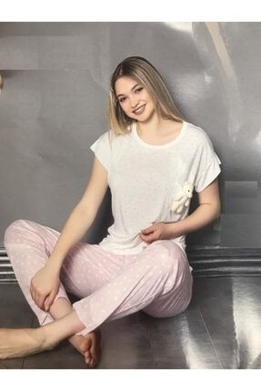 Mihra Kadın Pembe Puantiyeli Cep Kısmında Ayıcıklı Pijama Takımı MHR90226