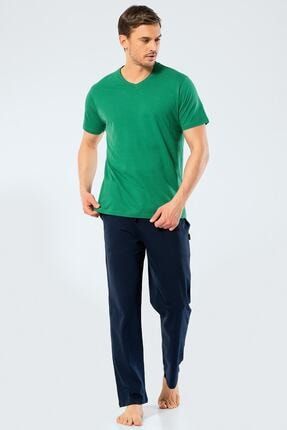 %100 Pamuk V Yaka Yeşil T-shirt Ve Lacivert Pijama Takım CC22R05L