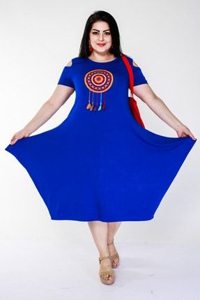 Kadın Büyük Beden Renkli Işlemeli Ve Omuz Dekolteli Mavi Elbise 1723